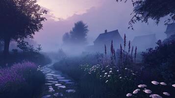 A serene landscape at twilight, featuring a misty path, flowers, and distant houses. photo