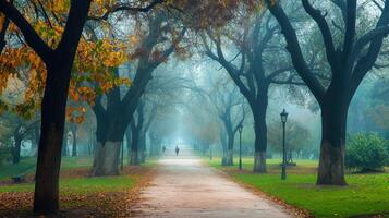 A serene park pathway lined with trees, enveloped in mist during autumn. photo