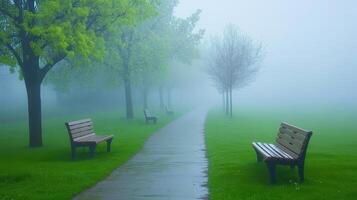 A serene park path shrouded in fog, lined with benches and lush green trees. photo