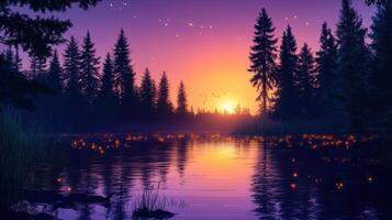 A serene sunset over a tranquil lake, surrounded by tall trees and glowing fireflies. photo