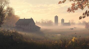 A serene rural landscape with a farmhouse, silos, and cows in a misty morning setting. photo