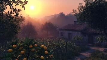A serene landscape at sunset with a rustic house and lemon trees. photo