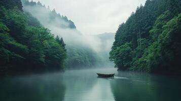 A serene river scene with a boat surrounded by misty mountains and lush greenery. photo