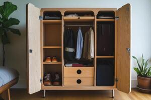 A stylish wardrobe with clothing, shoes, and accessories neatly organized inside photo
