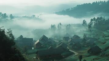 A serene village shrouded in morning mist, nestled among hills and trees photo