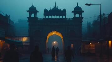 A silhouetted archway illuminated in fog, creating a mysterious atmosphere. photo