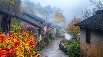 A serene village path lined with colorful flowers and misty surroundings photo