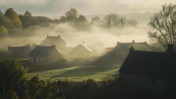 A serene village shrouded in morning mist, showcasing tranquil rural life,. photo