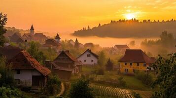 A serene village landscape at sunrise, with mist rising and houses nestled in nature photo