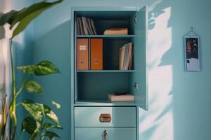 A turquoise cabinet with open shelves displaying files and folders in a bright room photo
