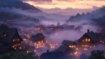 A serene village at dusk, shrouded in mist with glowing windows photo