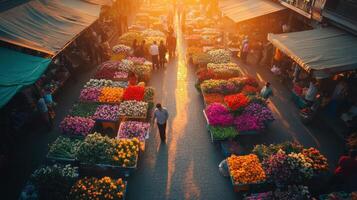 A vibrant flower market at sunset, bustling with people and colorful blooms photo