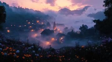 A serene village at dusk, shrouded in mist and illuminated by warm lights. photo