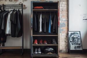 A stylish wardrobe displaying clothes and shoes in a modern interior setting photo