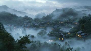 A serene village shrouded in mist, illuminated by warm lights at twilight photo