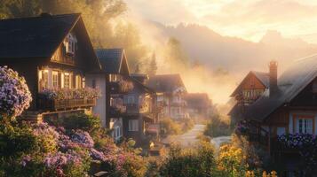 A serene village scene at sunrise, surrounded by flowers and misty mountains photo