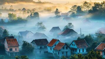 A serene village shrouded in morning mist, showcasing tranquil rural life photo