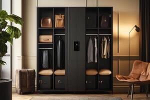 A stylish storage unit with bags, clothes, and seating in a modern interior setting. photo
