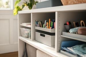 A tidy workspace with organized supplies and plants for a productive environment photo
