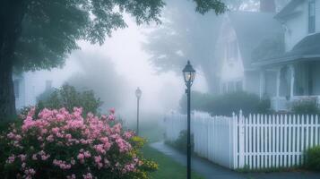A serene, foggy street lined with houses and blooming flowers, evoking tranquility photo