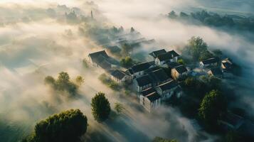 Aerial view of a misty village enveloped in fog, showcasing serene landscapes and nature. photo