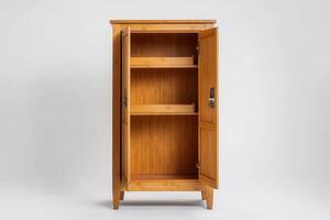 A wooden cabinet with open doors and empty shelves, showcasing storage space. photo