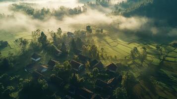 Aerial view of a misty village surrounded by lush green fields and trees. photo