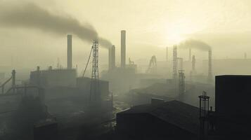 Industrial landscape shrouded in fog with smoke billowing from chimneys at sunrise. photo