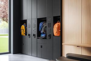 Modern lockers with backpacks and a touchscreen interface in a sleek interior space photo