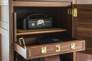 A wooden cabinet with a drawer containing a briefcase and a passport photo