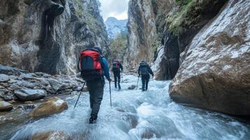 Hikers navigating a river in a narrow canyon, showcasing adventure and nature exploration. photo