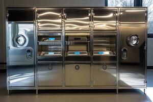 Metallic storage units with compartments, likely for industrial or laboratory use. photo