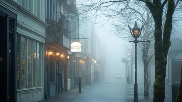 Foggy street scene with shops and lampposts, creating a mysterious atmosphere. photo
