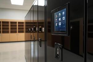Modern lockers with digital interfaces in a spacious interior photo