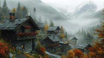 Misty mountain village with autumn foliage and rustic wooden houses. photo