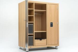 A wooden storage cabinet with shelves and a lockable door for organization. photo