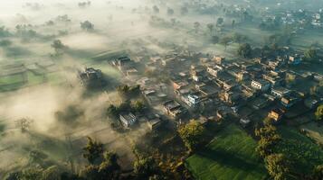 Aerial view of a misty village surrounded by fields at dawn. photo