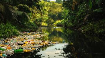 A polluted river surrounded by lush greenery, highlighting environmental degradation. photo