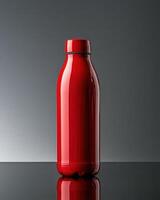 A glossy red bottle standing upright against a gradient background photo