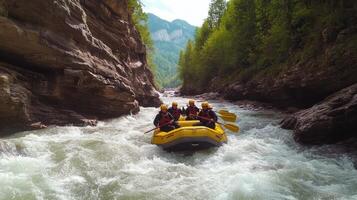 A group of people rafting in a river surrounded by steep cliffs and lush greenery. photo
