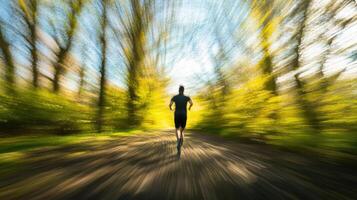 A person running through a vibrant, blurred forest path, capturing motion and energy. photo