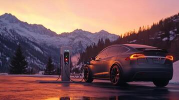 A modern electric vehicle charging at a station in a scenic mountain landscape at sunset photo
