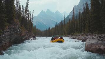 A group rafting in a river surrounded by towering mountains and dense forests. photo