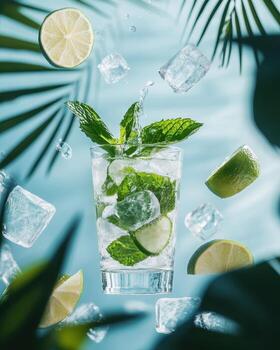 A refreshing cocktail with mint, lime, and ice, set against a tropical backdrop. photo