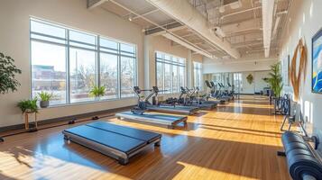 A modern gym with exercise equipment and natural light for fitness activities. photo