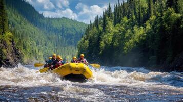 A group of people white-water rafting in a scenic river surrounded by lush greenery. photo
