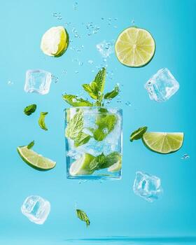A refreshing drink with mint and lime, surrounded by ice and bubbles, against a blue background photo