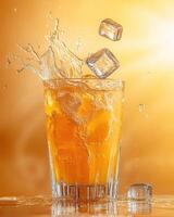 A refreshing drink splashes with ice cubes against a warm, glowing background photo