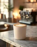A latte with intricate foam art sits on a marble countertop in a cozy caf setting photo