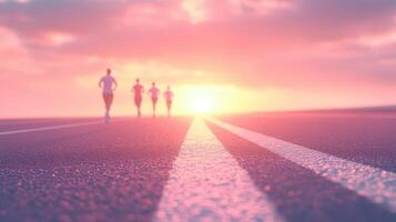 A group of runners jogging towards a vibrant sunset on a deserted road. photo